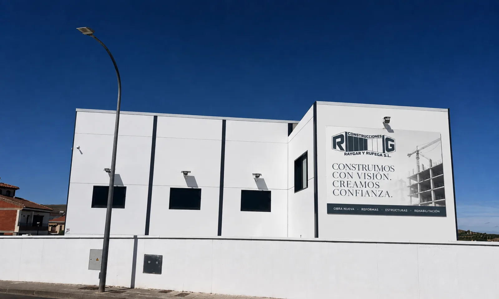 Fachada blanca con el rótulo de Raygar Construcciones.